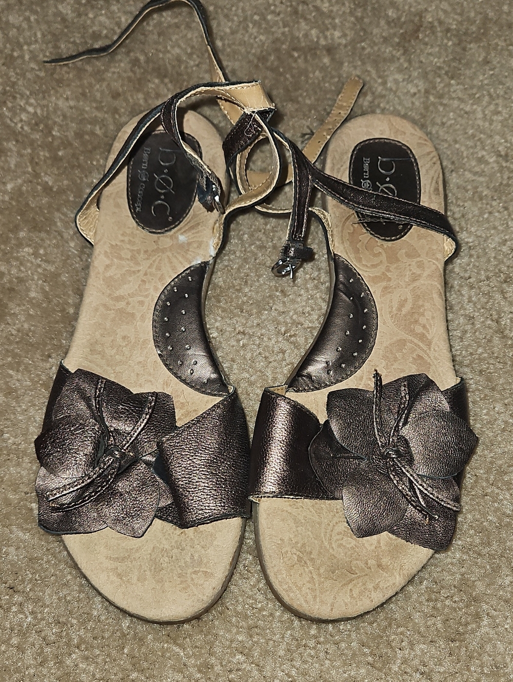 b.o.c. Born Metallic Bronze Floral Bow Tie Ankle Lace Sandals